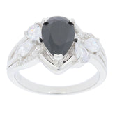 Pear black moissanite sterling silver ring with sparkling Moissanite accents, elegant design, radiant luxury.